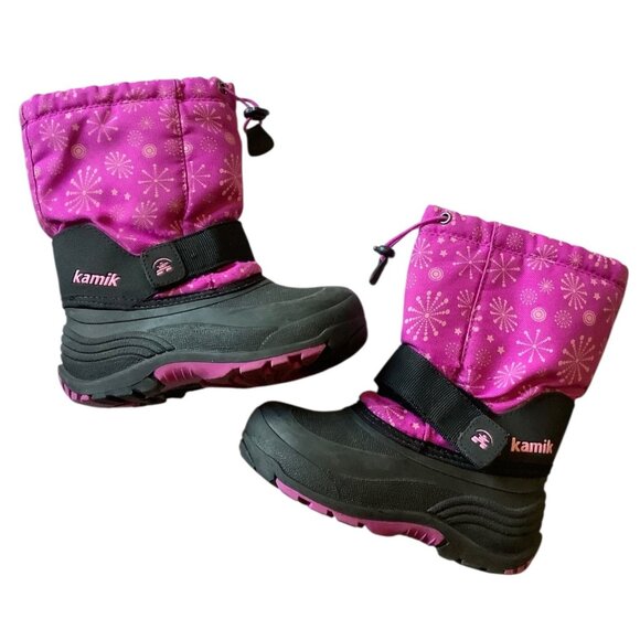 Kamik Rocket Girl Insulated Winter Snow Boots Size 12 Pink Black Snowflake Print - Picture 1 of 6